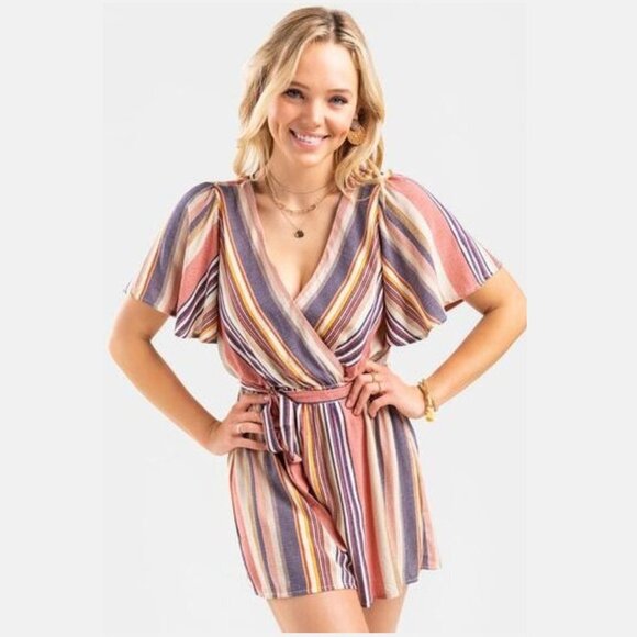 Francesca's Women's Amie Pinstripe Surplice Romper - Picture 1 of 7